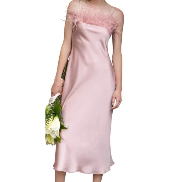 Blu Pepper Pink Satin Slip Midi Dress Faux Feather Trim NWT Medium - Picture 1 of 12